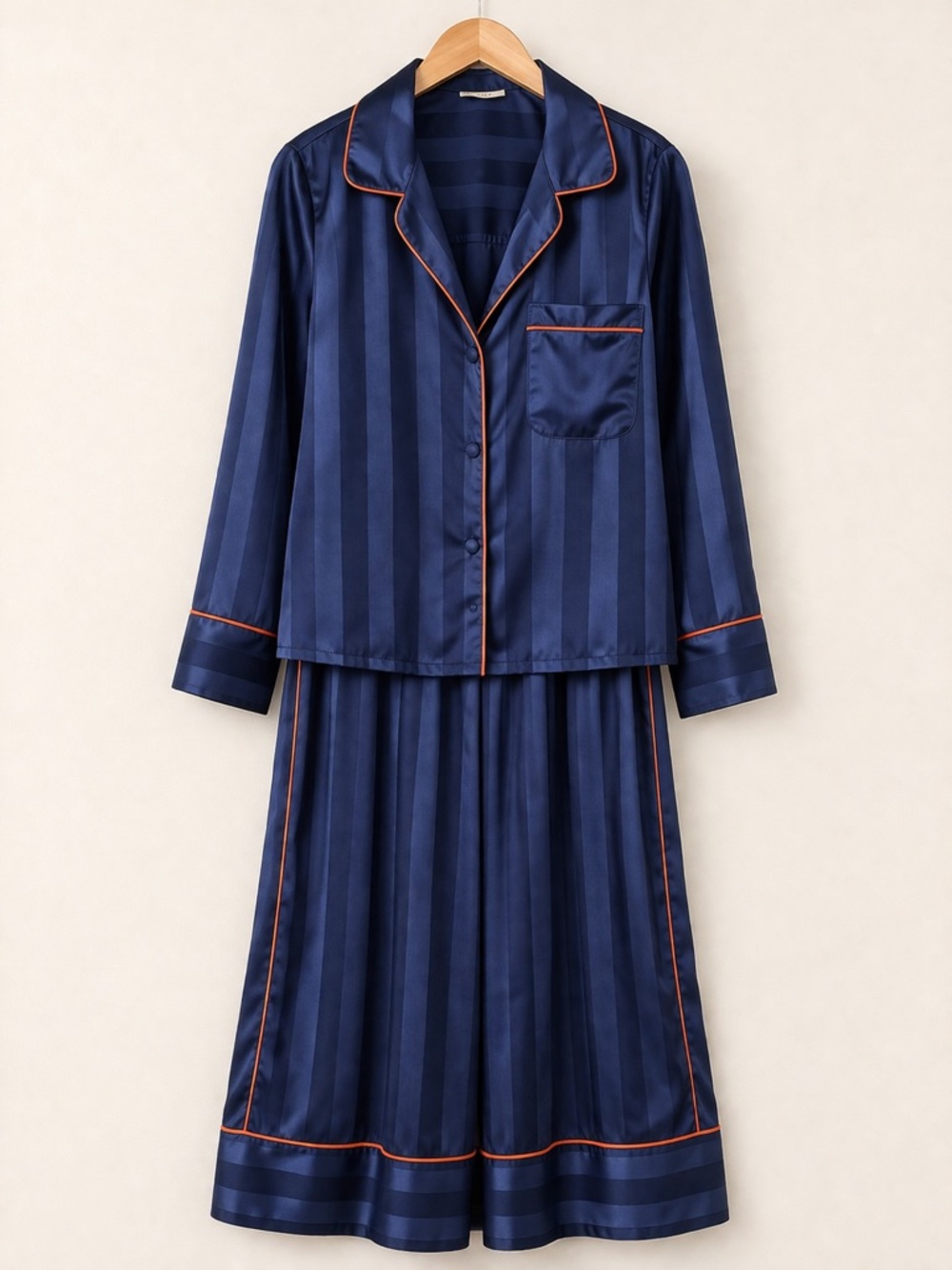 Free People Navy Striped Satin Pajama Set with Orange Trim